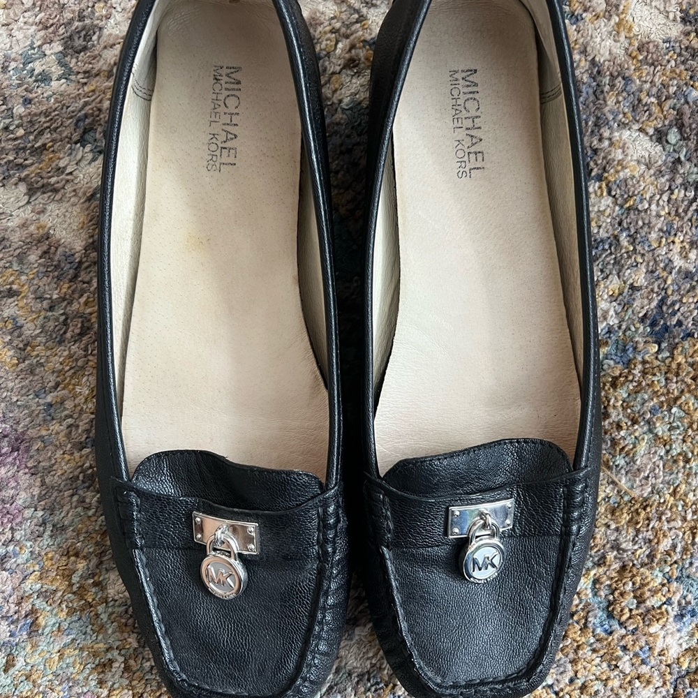 Michael Kors Black Leather Flats with Silver Logo Accent